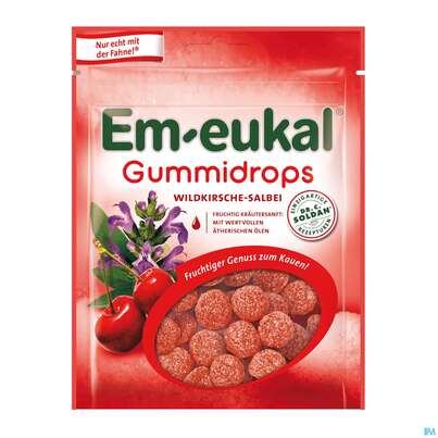 Sie sehen eine Packung Em-eukal Gummidrops Zuckerhaltig Wildkirsche-salbei 90g, Produktbild: 01 Em-eukal Gummidrops Zuckerhaltig Wildkirsche-salbei 90g, A-Nr.: 4517102 - 01