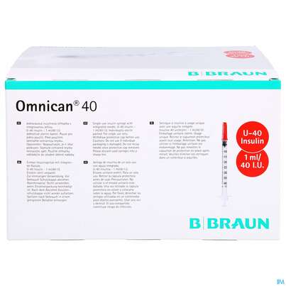 Sie sehen eine Packung Injektionsspritzen U.zubeh. Insulin/einmal-spr Omnikan 40 1ml/ka 100st, Produktbild: 01 Injektionsspritzen U.zubeh. Insulin/einmal-spr Omnikan 40 1ml/ka 100st, A-Nr.: 3443442 - 01