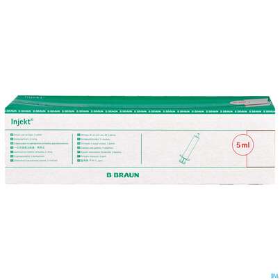 Sie sehen eine Packung Injektionsspritzen U.zubeh. Einmalspritzen Braun Injekt 5ml 100st, Produktbild: 01 Injektionsspritzen U.zubeh. Einmalspritzen Braun Injekt 5ml 100st, A-Nr.: 2692568 - 01