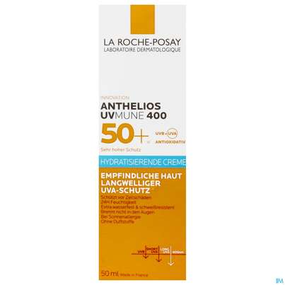 Sie sehen eine Packung La Roche-Posay Anthelios Hydratisierende Creme UVMune 400 LSF 50+, 50 Milliliter, Produktbild: 01 La Roche-Posay Anthelios Hydratisierende Creme UVMune 400 LSF 50+, 50 Milliliter, A-Nr.: 5572037 - 01