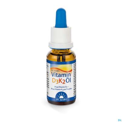 Sie sehen eine Packung VIT D3K2 OEL TR DR.JACOBS, 20 Milliliter, Produktbild: 02 VIT D3K2 OEL TR DR.JACOBS, 20 Milliliter, A-Nr.: 4368406 - 02