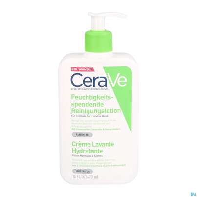 Sie sehen eine Packung CeraVe Feuchtigkeitsspendende Reinigungslotion, 473 Milliliter, Produktbild: 03 CeraVe Feuchtigkeitsspendende Reinigungslotion, 473 Milliliter, A-Nr.: 4802050 - 03
