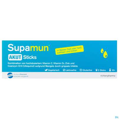 Sie sehen eine Packung SUPAMUN AKUT STICKS, 5 Stück, Produktbild: 01 SUPAMUN AKUT STICKS, 5 Stück, A-Nr.: 5090999 - 01