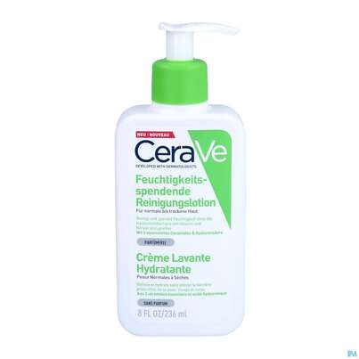 Sie sehen eine Packung CeraVe Feuchtigkeitsspendende Reinigungslotion, 236 Milliliter, Produktbild: 02 CeraVe Feuchtigkeitsspendende Reinigungslotion, 236 Milliliter, A-Nr.: 4802073 - 02