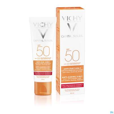 Sie sehen eine Packung Vichy Capital Soleil 3in1 antioxidative Sonnenpflege, 50 Milliliter, Produktbild: 02 Vichy Capital Soleil 3in1 antioxidative Sonnenpflege, 50 Milliliter, A-Nr.: 4802647 - 02