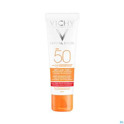 Sie sehen eine Packung Vichy Capital Soleil 3in1 antioxidative Sonnenpflege, 50 Milliliter, Produktbild: 05 Vichy Capital Soleil 3in1 antioxidative Sonnenpflege, 50 Milliliter, A-Nr.: 4802647 - 05
