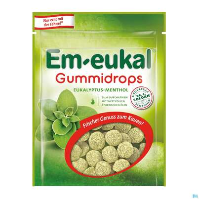 Sie sehen eine Packung Em-eukal Gummidrops Zuckerhaltig Eukalyptus Menthol 90g, Produktbild: 01 Em-eukal Gummidrops Zuckerhaltig Eukalyptus Menthol 90g, A-Nr.: 4335252 - 01