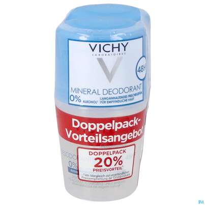 Sie sehen eine Packung Vichy Deo/roll-on Mineral 48h 2x50m 100ml, Produktbild: 01 Vichy Deo/roll-on Mineral 48h 2x50m 100ml, A-Nr.: 4775620 - 01
