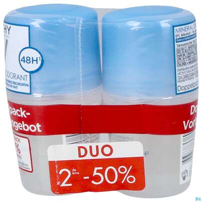 Sie sehen eine Packung Vichy Deo/roll-on Mineral 48h 2x50m 100ml, Produktbild: 03 Vichy Deo/roll-on Mineral 48h 2x50m 100ml, A-Nr.: 4775620 - 03