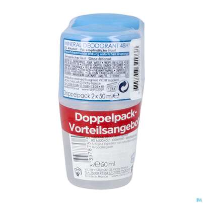 Sie sehen eine Packung Vichy Deo/roll-on Mineral 48h 2x50m 100ml, Produktbild: 04 Vichy Deo/roll-on Mineral 48h 2x50m 100ml, A-Nr.: 4775620 - 04