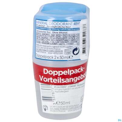 Sie sehen eine Packung Vichy Deo/roll-on Mineral 48h 2x50m 100ml, Produktbild: 05 Vichy Deo/roll-on Mineral 48h 2x50m 100ml, A-Nr.: 4775620 - 05