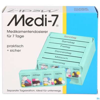 Sie sehen eine Packung DISPENSER MEDI -7PHA TÜRKIS, 1 Stück, Produktbild: 01 DISPENSER MEDI -7PHA TÜRKIS, 1 Stück, A-Nr.: 3742647 - 01