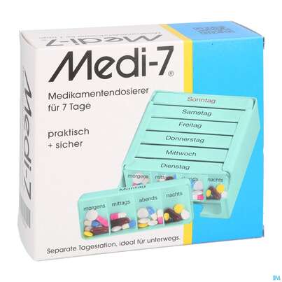 Sie sehen eine Packung DISPENSER MEDI -7PHA TÜRKIS, 1 Stück, Produktbild: 03 DISPENSER MEDI -7PHA TÜRKIS, 1 Stück, A-Nr.: 3742647 - 03