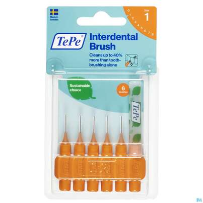 Sie sehen eine Packung Tepe Interdentalbuersten 0,45mm Orange 6st, Produktbild: 01 Tepe Interdentalbuersten 0,45mm Orange 6st, A-Nr.: 3698490 - 01