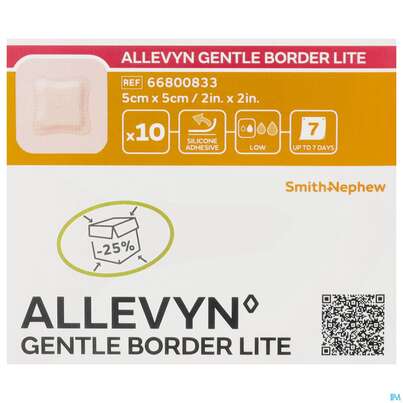 Sie sehen eine Packung Wundverband Allevyn/gentle Border Lite 5x 5cm 10st, Produktbild: 02 Wundverband Allevyn/gentle Border Lite 5x 5cm 10st, A-Nr.: 3946485 - 02