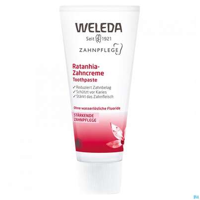 Sie sehen eine Packung Zahnpaste Weleda Rathania-creme 75ml, Produktbild: 01 Zahnpaste Weleda Rathania-creme 75ml, A-Nr.: 2217548 - 01