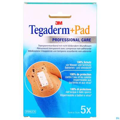 Sie sehen eine Packung 3M Tegaderm + Pad 5 x 7 cm, 5 Stück, Produktbild: 01 3M Tegaderm + Pad 5 x 7 cm, 5 Stück, A-Nr.: 2022508 - 01
