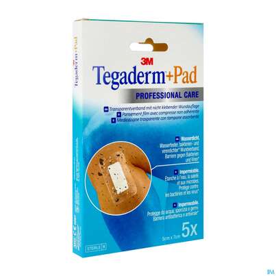 Sie sehen eine Packung 3M Tegaderm + Pad 5 x 7 cm, 5 Stück, Produktbild: 03 3M Tegaderm + Pad 5 x 7 cm, 5 Stück, A-Nr.: 2022508 - 03