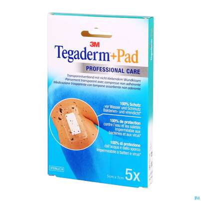 Sie sehen eine Packung 3M Tegaderm + Pad 5 x 7 cm, 5 Stück, Produktbild: 04 3M Tegaderm + Pad 5 x 7 cm, 5 Stück, A-Nr.: 2022508 - 04