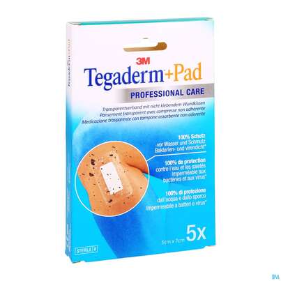 Sie sehen eine Packung 3M Tegaderm + Pad 5 x 7 cm, 5 Stück, Produktbild: 05 3M Tegaderm + Pad 5 x 7 cm, 5 Stück, A-Nr.: 2022508 - 05