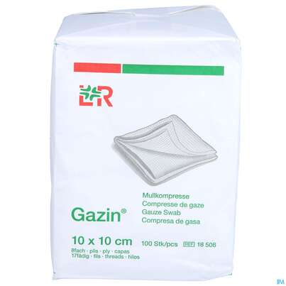 Sie sehen eine Packung Mullkompressen Gazin Baumw.17faedig Unsteril 8fach 10x 10cm 100st, Produktbild: 01 Mullkompressen Gazin Baumw.17faedig Unsteril 8fach 10x 10cm 100st, A-Nr.: 2386920 - 01