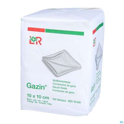 Sie sehen eine Packung Mullkompressen Gazin Baumw.17faedig Unsteril 8fach 10x 10cm 100st, Produktbild: 02 Mullkompressen Gazin Baumw.17faedig Unsteril 8fach 10x 10cm 100st, A-Nr.: 2386920 - 02