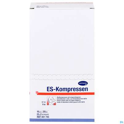 Sie sehen eine Packung Mullkompressen-es Hartmann/steril 8fach 17faedig 10x 20cm 25x2 50st, Produktbild: 01 Mullkompressen-es Hartmann/steril 8fach 17faedig 10x 20cm 25x2 50st, A-Nr.: 1152887 - 01