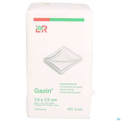 Sie sehen eine Packung Mullkompressen Gazin Baumw.17faedig Unsteril 8fach 7,5x 7,5cm 100st, Produktbild: 01 Mullkompressen Gazin Baumw.17faedig Unsteril 8fach 7,5x 7,5cm 100st, A-Nr.: 2386908 - 01