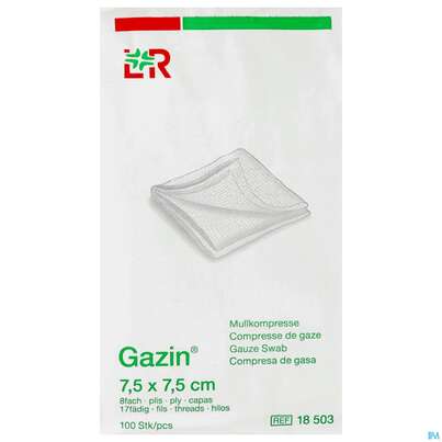 Sie sehen eine Packung Mullkompressen Gazin Baumw.17faedig Unsteril 8fach 7,5x 7,5cm 100st, Produktbild: 02 Mullkompressen Gazin Baumw.17faedig Unsteril 8fach 7,5x 7,5cm 100st, A-Nr.: 2386908 - 02