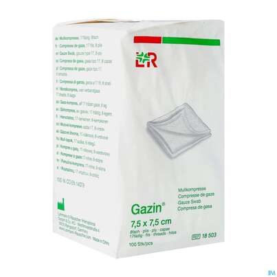 Sie sehen eine Packung Mullkompressen Gazin Baumw.17faedig Unsteril 8fach 7,5x 7,5cm 100st, Produktbild: 03 Mullkompressen Gazin Baumw.17faedig Unsteril 8fach 7,5x 7,5cm 100st, A-Nr.: 2386908 - 03