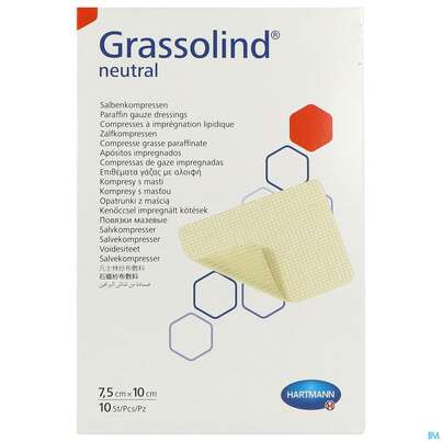 Sie sehen eine Packung Kompressen Grassolind Neutral Salbenkompresse Steril 7,5x 10cm 10st, Produktbild: 01 Kompressen Grassolind Neutral Salbenkompresse Steril 7,5x 10cm 10st, A-Nr.: 1088899 - 01