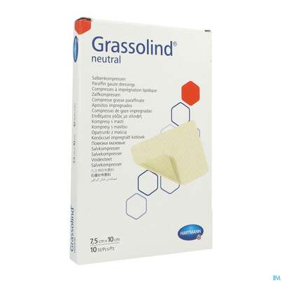 Sie sehen eine Packung Kompressen Grassolind Neutral Salbenkompresse Steril 7,5x 10cm 10st, Produktbild: 02 Kompressen Grassolind Neutral Salbenkompresse Steril 7,5x 10cm 10st, A-Nr.: 1088899 - 02
