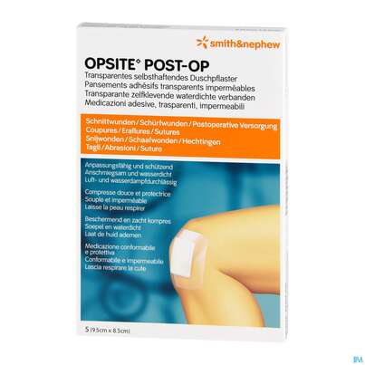 Sie sehen eine Packung OPSITE POST OP 8,5X 9,5CM, 5 Stück, Produktbild: 02 OPSITE POST OP 8,5X 9,5CM, 5 Stück, A-Nr.: 1713481 - 02