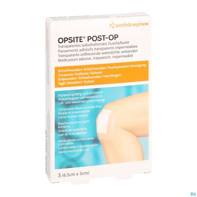 Sie sehen eine Packung OPSITE POST OP 5X 6,5CM, 5 Stück, Produktbild: 04 OPSITE POST OP 5X 6,5CM, 5 Stück, A-Nr.: 1713475 - 04