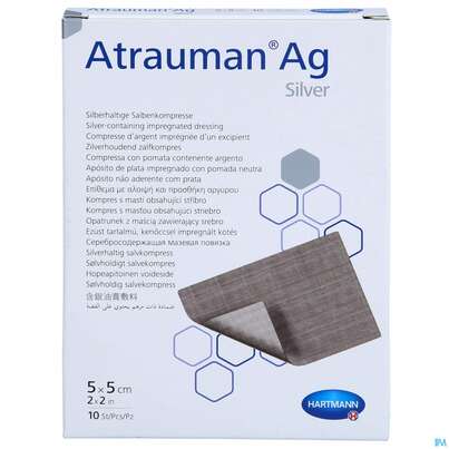 Sie sehen eine Packung Wundauflagen Atrauman/ag 5x 5cm 10st, Produktbild: 01 Wundauflagen Atrauman/ag 5x 5cm 10st, A-Nr.: 2991822 - 01