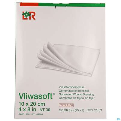 Sie sehen eine Packung Vlieskompressen Vliwasoft 4fach Steril 10x 20cm 150st, Produktbild: 01 Vlieskompressen Vliwasoft 4fach Steril 10x 20cm 150st, A-Nr.: 1647979 - 01