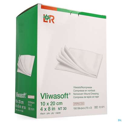 Sie sehen eine Packung Vlieskompressen Vliwasoft 4fach Steril 10x 20cm 150st, Produktbild: 02 Vlieskompressen Vliwasoft 4fach Steril 10x 20cm 150st, A-Nr.: 1647979 - 02
