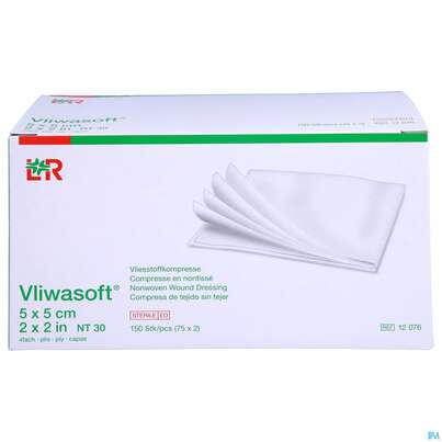 Sie sehen eine Packung Vlieskompressen Vliwasoft 4fach Steril 5x 5cm 150st, Produktbild: 01 Vlieskompressen Vliwasoft 4fach Steril 5x 5cm 150st, A-Nr.: 1647933 - 01