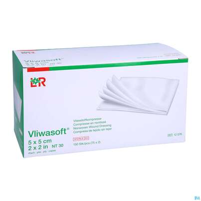 Sie sehen eine Packung Vlieskompressen Vliwasoft 4fach Steril 5x 5cm 150st, Produktbild: 03 Vlieskompressen Vliwasoft 4fach Steril 5x 5cm 150st, A-Nr.: 1647933 - 03
