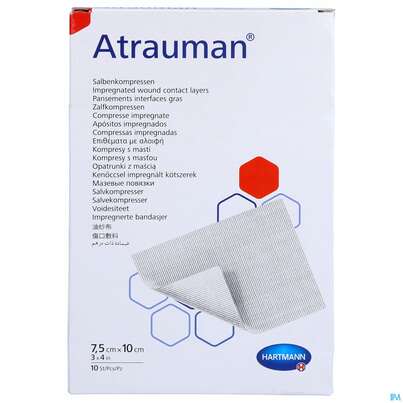 Sie sehen eine Packung Wundauflagen Atrauman Salbenvlies Wirkstofffr Steril 7,5x 10cm 10st, Produktbild: 01 Wundauflagen Atrauman Salbenvlies Wirkstofffr Steril 7,5x 10cm 10st, A-Nr.: 1520084 - 01