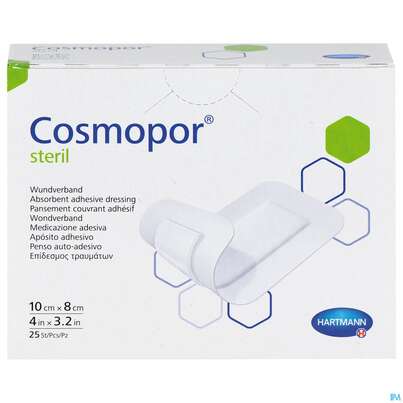 Sie sehen eine Packung Wundverband Cosmopor Steril Selbstklebend 10x 8cm 25st, Produktbild: 01 Wundverband Cosmopor Steril Selbstklebend 10x 8cm 25st, A-Nr.: 1526081 - 01