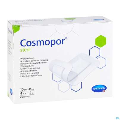 Sie sehen eine Packung Wundverband Cosmopor Steril Selbstklebend 10x 8cm 25st, Produktbild: 03 Wundverband Cosmopor Steril Selbstklebend 10x 8cm 25st, A-Nr.: 1526081 - 03