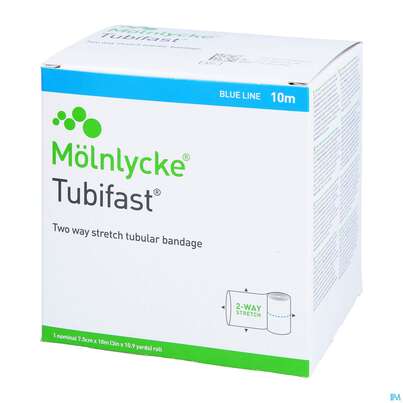 Sie sehen eine Packung Schlauchverband Tubifast Elast.gazeverband Blau F Bein, Ober- Schenkel 10m, Produktbild: 02 Schlauchverband Tubifast Elast.gazeverband Blau F Bein, Ober- Schenkel 10m, A-Nr.: 0718358 - 02