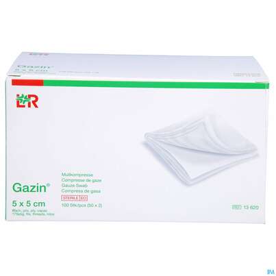 Sie sehen eine Packung Mullkompressen Gazin Baumw.17faedig Steril 8fach 5x 5cm 50x2 100st, Produktbild: 01 Mullkompressen Gazin Baumw.17faedig Steril 8fach 5x 5cm 50x2 100st, A-Nr.: 2309233 - 01