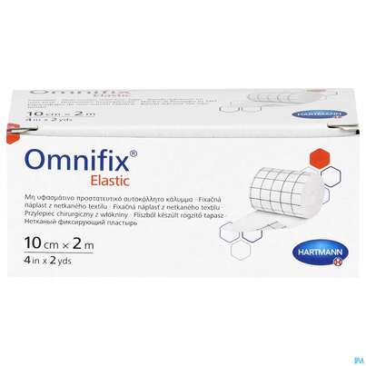 Sie sehen eine Packung Fixierpflaster Omnifix Elastic Fixiervlies 2mx 10cm 1st, Produktbild: 01 Fixierpflaster Omnifix Elastic Fixiervlies 2mx 10cm 1st, A-Nr.: 1493890 - 01