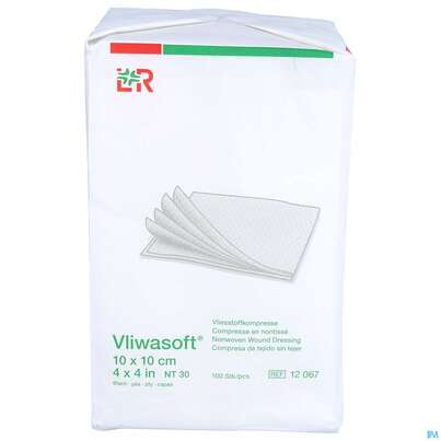 Sie sehen eine Packung Vlieskompressen Vliwasoft 6fach/unsteril Lose 10x 10cm 100st, Produktbild: 01 Vlieskompressen Vliwasoft 6fach/unsteril Lose 10x 10cm 100st, A-Nr.: 1372815 - 01
