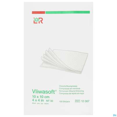 Sie sehen eine Packung Vlieskompressen Vliwasoft 6fach/unsteril Lose 10x 10cm 100st, Produktbild: 02 Vlieskompressen Vliwasoft 6fach/unsteril Lose 10x 10cm 100st, A-Nr.: 1372815 - 02