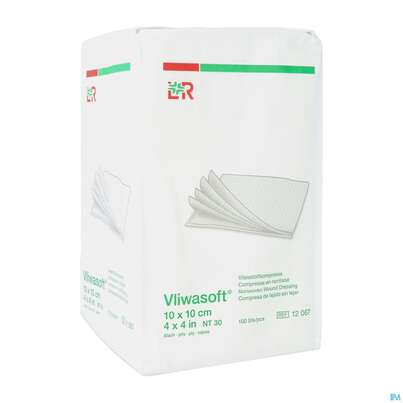 Sie sehen eine Packung Vlieskompressen Vliwasoft 6fach/unsteril Lose 10x 10cm 100st, Produktbild: 03 Vlieskompressen Vliwasoft 6fach/unsteril Lose 10x 10cm 100st, A-Nr.: 1372815 - 03