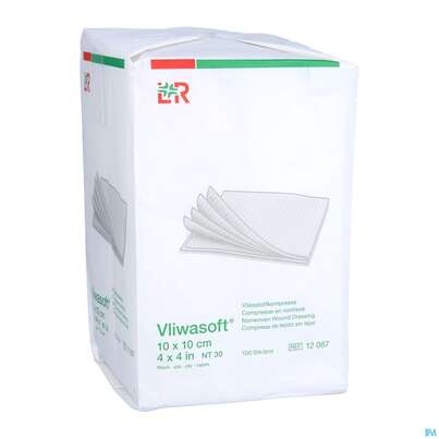Sie sehen eine Packung Vlieskompressen Vliwasoft 6fach/unsteril Lose 10x 10cm 100st, Produktbild: 05 Vlieskompressen Vliwasoft 6fach/unsteril Lose 10x 10cm 100st, A-Nr.: 1372815 - 05