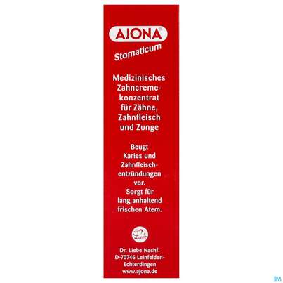 Sie sehen eine Packung Zahnpaste Ajona Stomaticum Rot 25ml, Produktbild: 02 Zahnpaste Ajona Stomaticum Rot 25ml, A-Nr.: 0208278 - 02